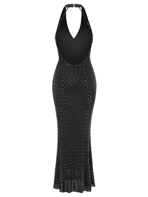 SB3452 Upgrade Your Summer Nights with this Must-Have Black Mesh Maxi Dress featuring Deep V Neck and Sleeveless Design