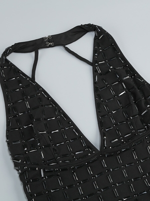 SB3452 Upgrade Your Summer Nights with this Must-Have Black Mesh Maxi Dress featuring Deep V Neck and Sleeveless Design