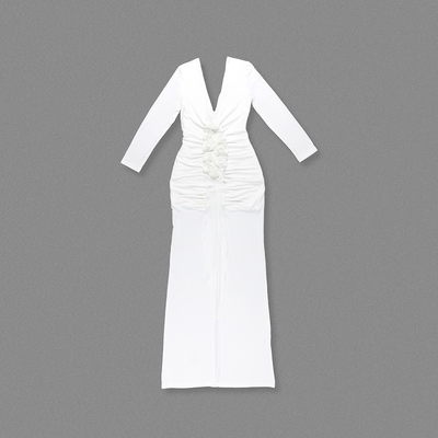 kimshein LS2654 3D Flower White Long Sleeve V-Neck Luxury Dress Elegant Women's Gown for a Glamorous and Luxurious Look