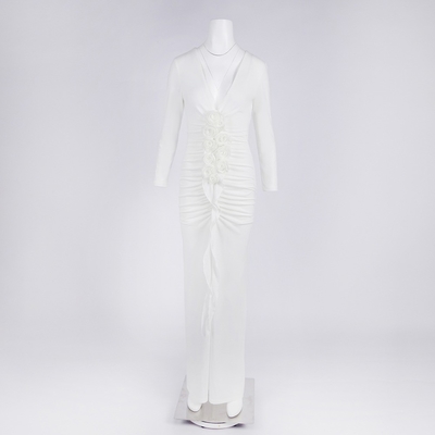 kimshein LS2654 3D Flower White Long Sleeve V-Neck Luxury Dress Elegant Women's Gown for a Glamorous and Luxurious Look