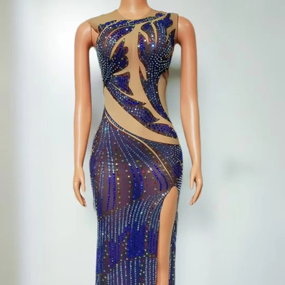 s AD2473 Blue Elastic Sleeveless High Slit Maxi Dress Polyester/Cotton Material for Summer Handmade Crystal Party Evening