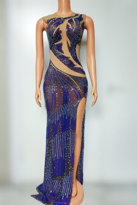 s AD2473 Blue Elastic Sleeveless High Slit Maxi Dress Polyester/Cotton Material for Summer Handmade Crystal Party Evening