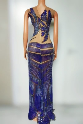 s AD2473 Blue Elastic Sleeveless High Slit Maxi Dress Polyester/Cotton Material for Summer Handmade Crystal Party Evening