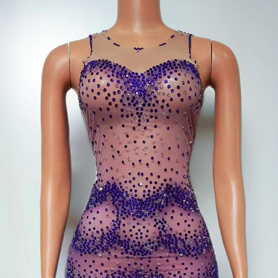 Elegant Ladies' Birthday Party Dress AD2474 Purple Crystal Cocktail Dress with Sexy See-through Mesh and Mini Length