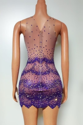 Elegant Ladies' Birthday Party Dress AD2474 Purple Crystal Cocktail Dress with Sexy See-through Mesh and Mini Length