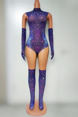 Summer 2021 Women's Purple Jumpsuit Luxurious Bodycon Fit with High Neck and Beaded Embellishments Plus Matching Socks