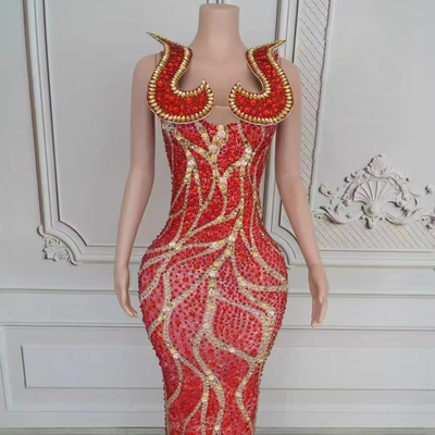 Nightclub Clothing Must-Have AD2569 Women's Maxi Dress with Crystal Embellishments and Water Diamonds 160g Fabric Weight