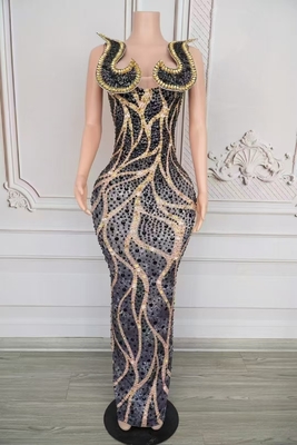 Nightclub Clothing Must-Have AD2569 Women's Maxi Dress with Crystal Embellishments and Water Diamonds 160g Fabric Weight