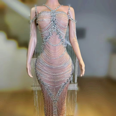 Sleeveless Crystal Decorated Dress for AD2467 A Stunning Addition to Your Evening Party Performance Nightclub Stage Look