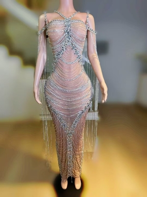 Sleeveless Crystal Decorated Dress for AD2467 A Stunning Addition to Your Evening Party Performance Nightclub Stage Look