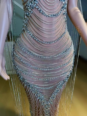 Sleeveless Crystal Decorated Dress for AD2467 A Stunning Addition to Your Evening Party Performance Nightclub Stage Look