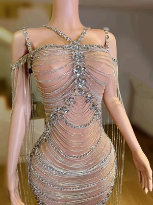 Sleeveless Crystal Decorated Dress for AD2467 A Stunning Addition to Your Evening Party Performance Nightclub Stage Look