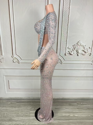 AD2453 Luxurious Crystal 2-Piece Set Shiny Diamonds Long Sleeve and Short Sleeve Short Skirt for Sexy Women
