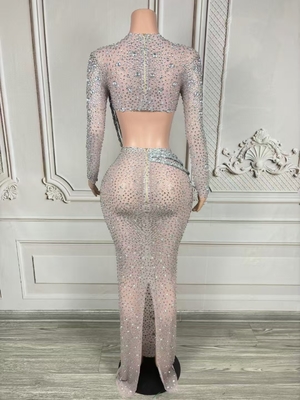 AD2453 Luxurious Crystal 2-Piece Set Shiny Diamonds Long Sleeve and Short Sleeve Short Skirt for Sexy Women