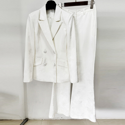 White Elegant Women's Suit Pants Set for Office V-neck Formal Fashion Clothing in Woven Method and Full Sleeve SR2399