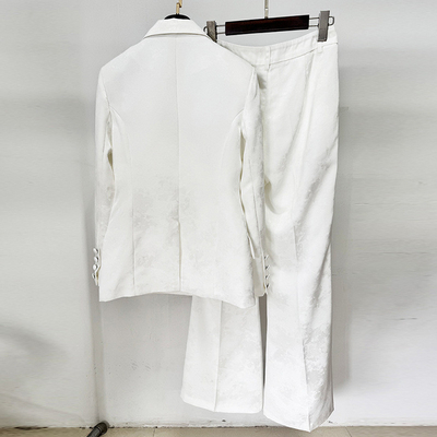 White Elegant Women's Suit Pants Set for Office V-neck Formal Fashion Clothing in Woven Method and Full Sleeve SR2399
