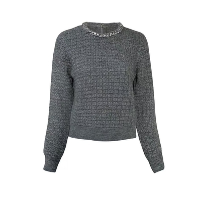 Women's SR2393 Gold Sin Suit O-Neck Knitted Wool and Eco-Friendly Material with Chain Decoration Length Small Calf Pants