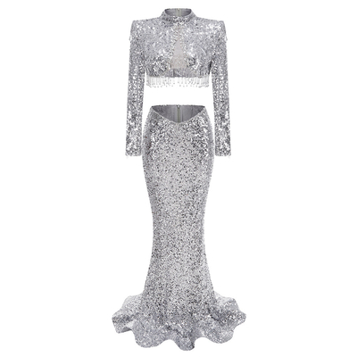 Shine Bright in SR2395 Women's 2-Piece Long Suit Set for Spring/Summer Featuring Glittering Sequins and Flowing Fringe