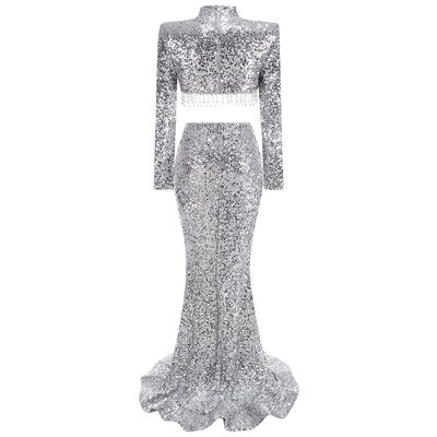 Shine Bright in SR2395 Women's 2-Piece Long Suit Set for Spring/Summer Featuring Glittering Sequins and Flowing Fringe