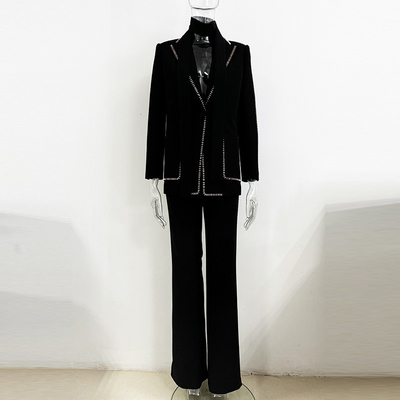 SR2364 Women's Sport Jacket with Buttons and Scarf Two-piece Set Deep V-neck Diamond Embellishment Diamond Decoration
