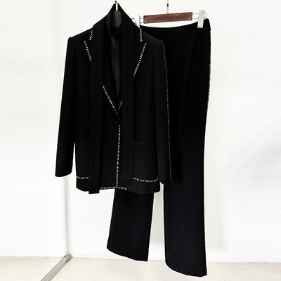 SR2364 Women's Sport Jacket with Buttons and Scarf Two-piece Set Deep V-neck Diamond Embellishment Diamond Decoration