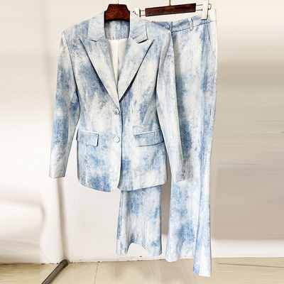 SR2390 Kimshein Women's 2-Piece Long Pants Suit Set Short Top Length Fashionable Printing Suit Jacket and Trousers for Women