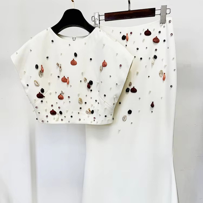 SS2383 Fashionable Tight-Fitting Women's Two-Piece Set White Sexy Top and Long Skirt Luxurious Summer Crystal Pearl Suit