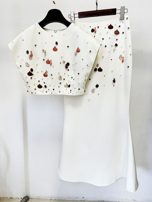 SS2383 Fashionable Tight-Fitting Women's Two-Piece Set White Sexy Top and Long Skirt Luxurious Summer Crystal Pearl Suit