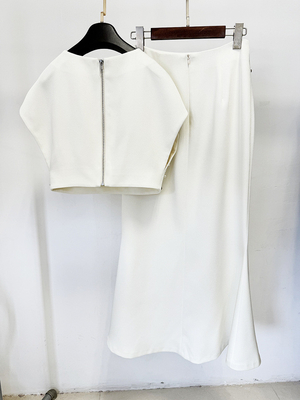 SS2383 Fashionable Tight-Fitting Women's Two-Piece Set White Sexy Top and Long Skirt Luxurious Summer Crystal Pearl Suit
