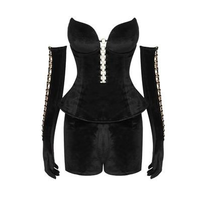 SS2379 Summer 2-Piece Short Set with Knee-Length Sexy Velvet Top and Shorts in Fashionable Design
