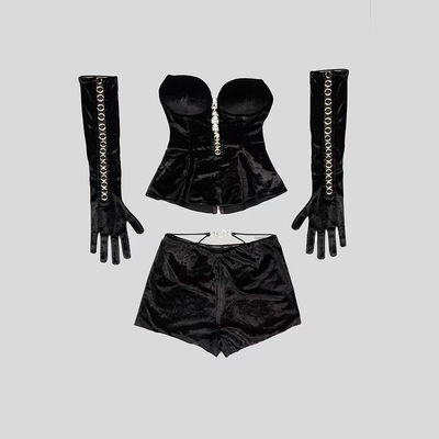 SS2379 Summer 2-Piece Short Set with Knee-Length Sexy Velvet Top and Shorts in Fashionable Design
