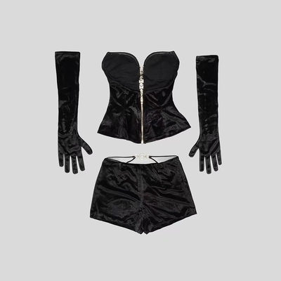 SS2379 Summer 2-Piece Short Set with Knee-Length Sexy Velvet Top and Shorts in Fashionable Design