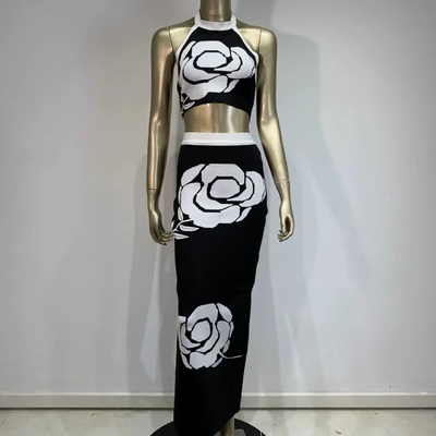Made SS2374 Fashion Tight-fitting Bandage Two-piece Black Floral Sexy Top and Long Skirt Summer Set with Woven Method