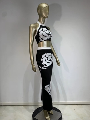 Made SS2374 Fashion Tight-fitting Bandage Two-piece Black Floral Sexy Top and Long Skirt Summer Set with Woven Method