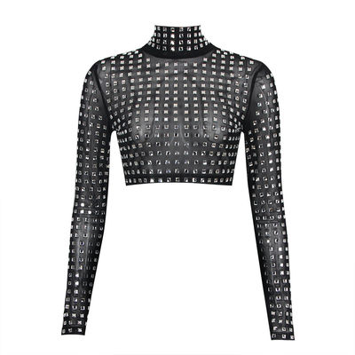 TS2212 Women's Long Sleeve Slim Sexy Crystal Diamond Beaded Vest with Intelligent Tracking Support High Collar and Crafted
