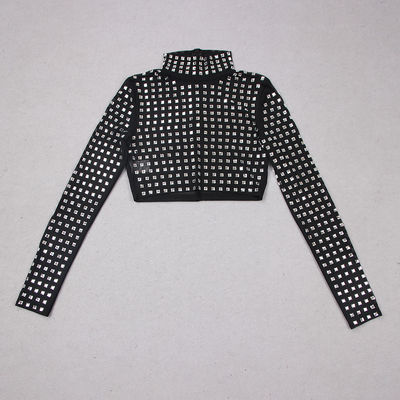 TS2212 Women's Long Sleeve Slim Sexy Crystal Diamond Beaded Vest with Intelligent Tracking Support High Collar and Crafted