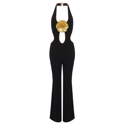 Gold 3D Embroidered Party Jumpsuit Perfect for Dance Parties and Special Occasions Backless Halter Neck 380g Fabric Weight