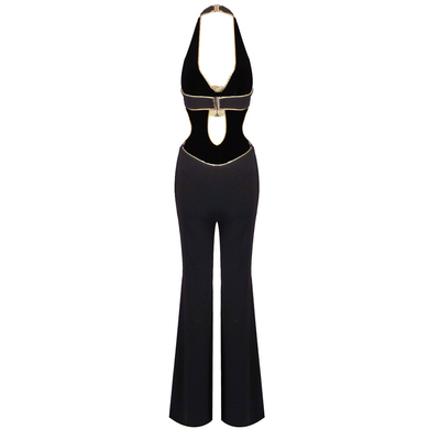 Gold 3D Embroidered Party Jumpsuit Perfect for Dance Parties and Special Occasions Backless Halter Neck 380g Fabric Weight