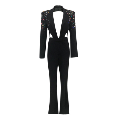 JB2271 Spring Collection Long Sleeve Jumpsuit with Deep V-Neck and Crystal Embellishments Effortlessly Stylish