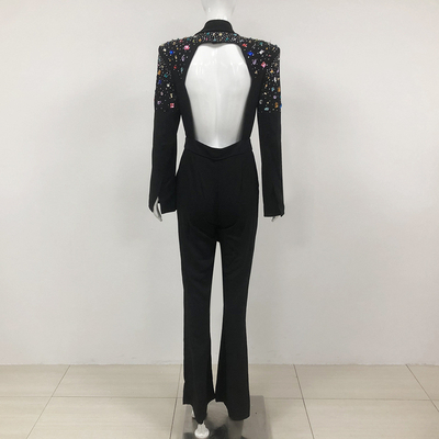JB2271 Spring Collection Long Sleeve Jumpsuit with Deep V-Neck and Crystal Embellishments Effortlessly Stylish