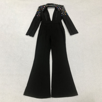 JB2271 Spring Collection Long Sleeve Jumpsuit with Deep V-Neck and Crystal Embellishments Effortlessly Stylish