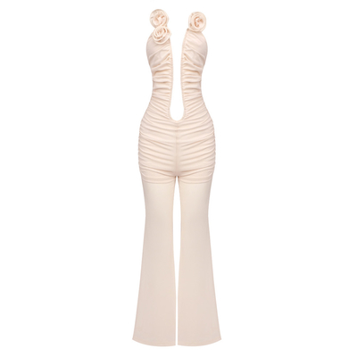 JB2273 Summer Women's Sexy Off-Shoulder Tight Dress with Solid Sleeveless Mesh See-Through Ruffle Edge Floral Jumpsuit