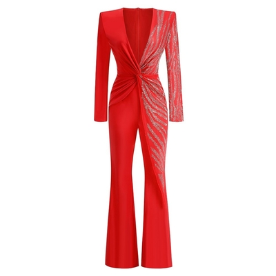 Autumn Women's Sexy V-Neck Casual Long-Sleeved Beaded Bodycon Jumpsuit with Beaded Accents and Pearl Detail