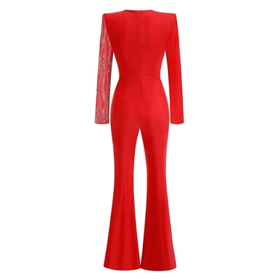 Autumn Women's Sexy V-Neck Casual Long-Sleeved Beaded Bodycon Jumpsuit with Beaded Accents and Pearl Detail