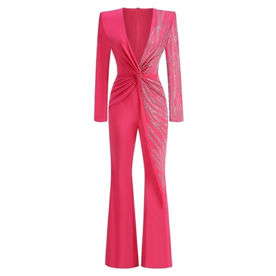 Autumn Women's Sexy V-Neck Casual Long-Sleeved Beaded Bodycon Jumpsuit with Beaded Accents and Pearl Detail