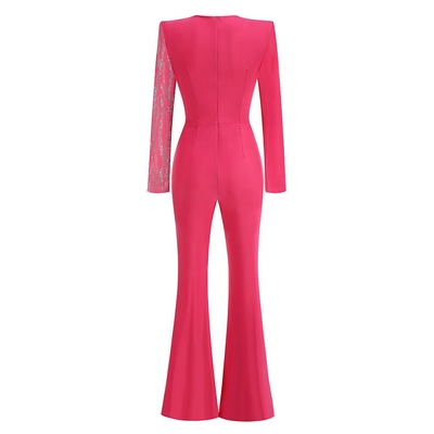 Autumn Women's Sexy V-Neck Casual Long-Sleeved Beaded Bodycon Jumpsuit with Beaded Accents and Pearl Detail