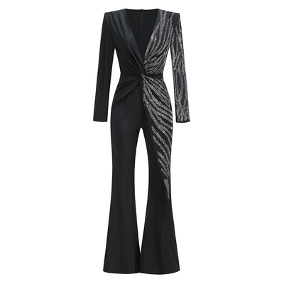 Autumn Women's Sexy V-Neck Casual Long-Sleeved Beaded Bodycon Jumpsuit with Beaded Accents and Pearl Detail