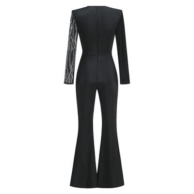 Autumn Women's Sexy V-Neck Casual Long-Sleeved Beaded Bodycon Jumpsuit with Beaded Accents and Pearl Detail