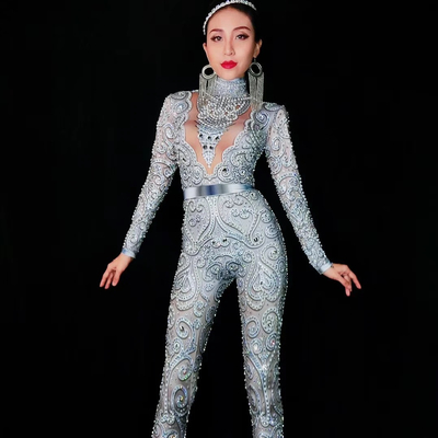 Custom Logo Accepted AD1680 Bodysuit for Women Full Length Tight Sexy Rhinestone Birthday Outfit