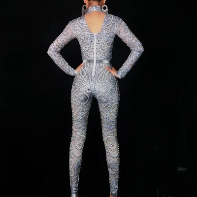 Custom Logo Accepted AD1680 Bodysuit for Women Full Length Tight Sexy Rhinestone Birthday Outfit